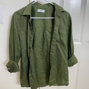 Olive Green Casual Linen Button Down Long Sleeve shirt, Uniqlo
